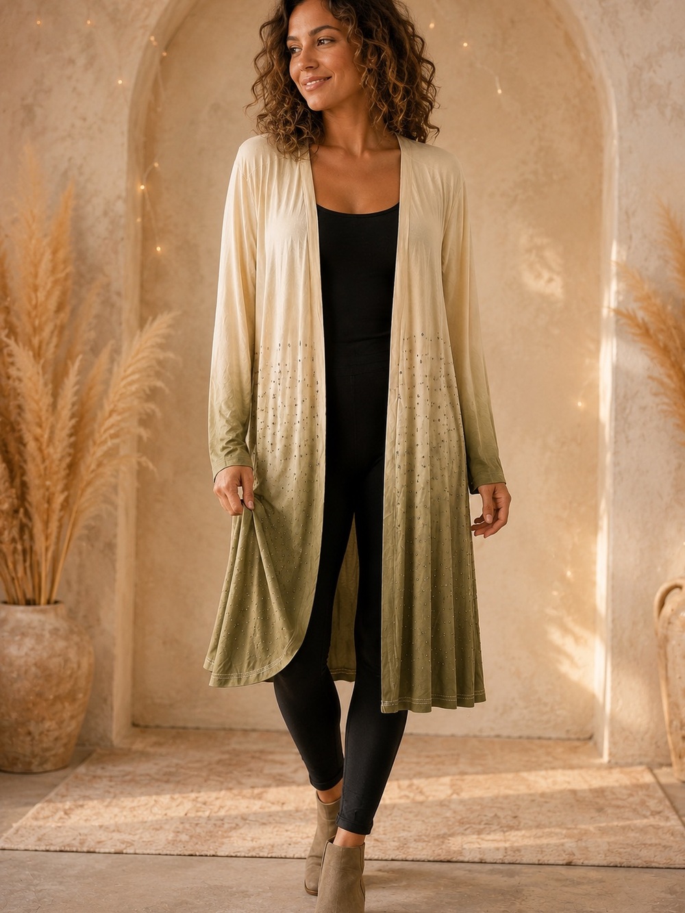 Light Olive Ombre Long Open-Front Cardigan Sweater